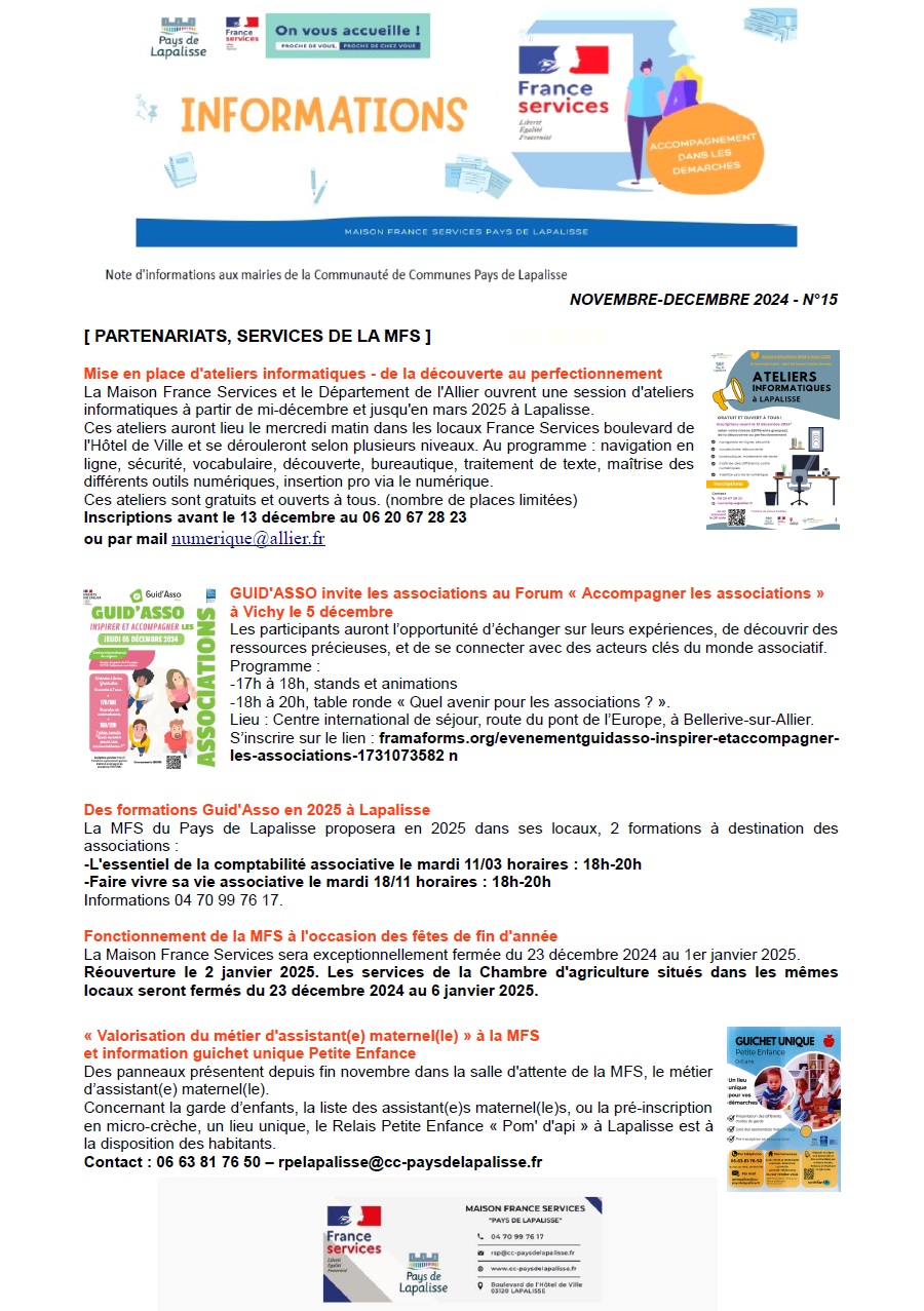 Lettre d'informations 2024 - N°15 Maison France Services Pays de Lapalisse